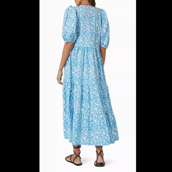 Oliphant Tuckernuck Canary Blue White Midi Maxi V-Neck Puff Sleeve Dress XXSmall - Picture 2 of 3